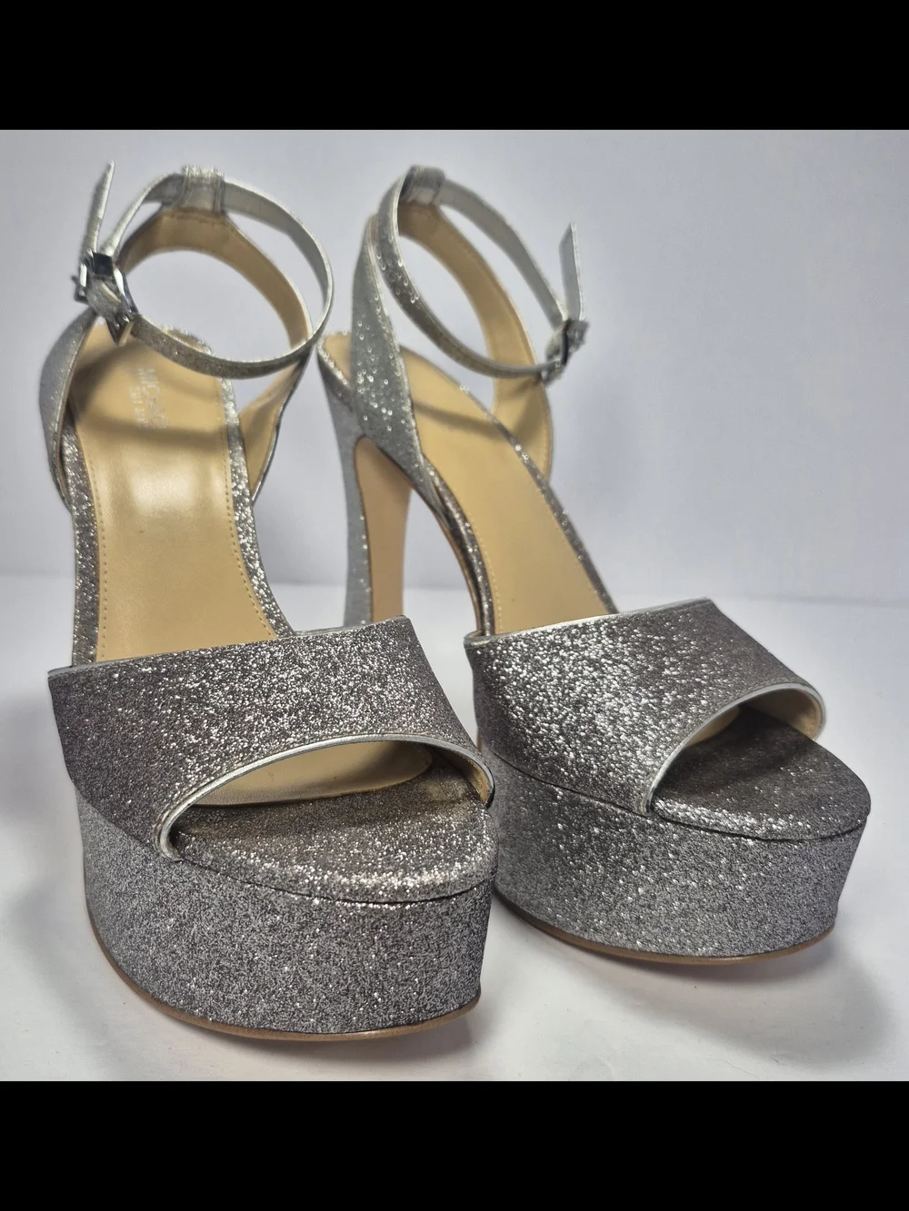 Michael Kors Silver Glitter Chunky Platform Sandals Ankle Strap Buckle Closure